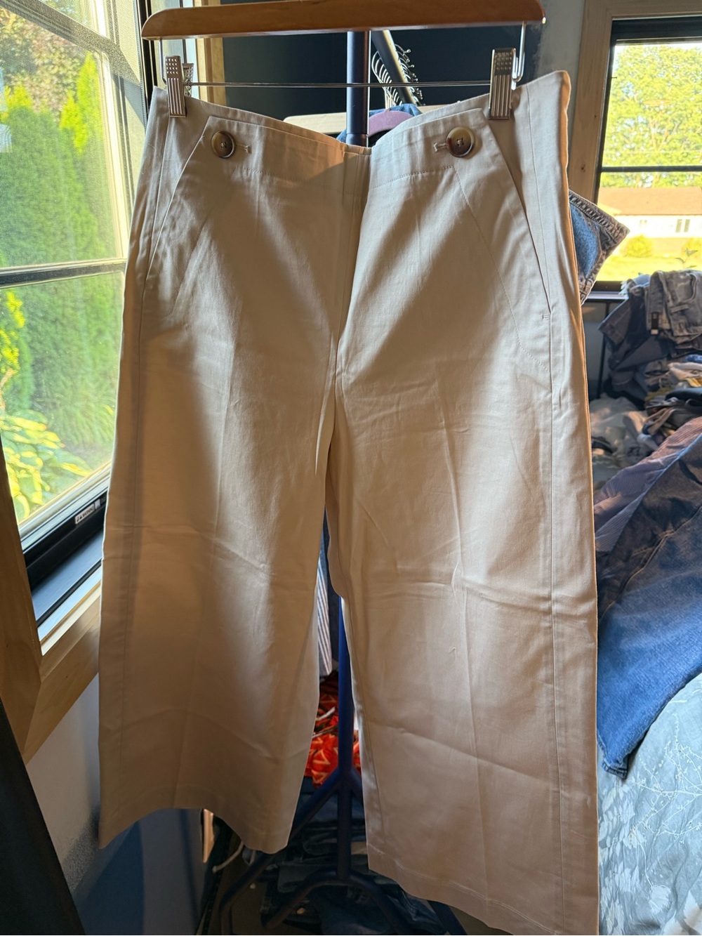 LOFT Beige Cropped Wide-Leg Pants with Button Waist
